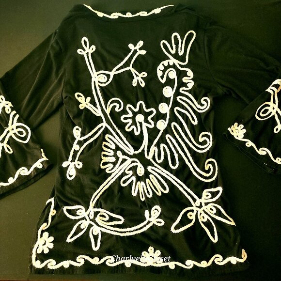 Black/White Metallic Embroidered V-neck Elevated Tunic By Objects Dart Sz. L - Picture 2 of 7